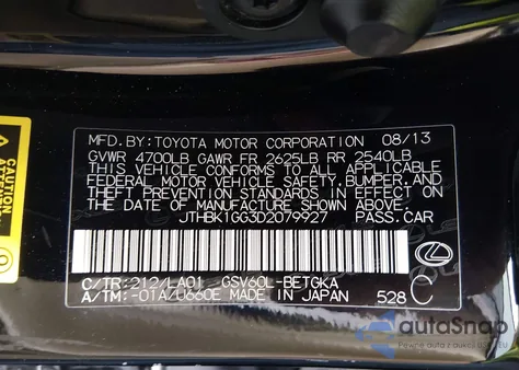 2013 Lexus Es 350 from USA, damaged, VIN JTHBK1GG3D2079927